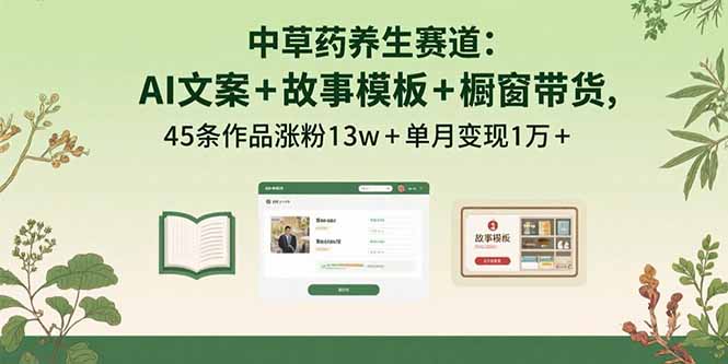 中草药养生赛道：AI文案+故事模板+橱带货，45条作品涨粉13w+单月变现1万+-初遇