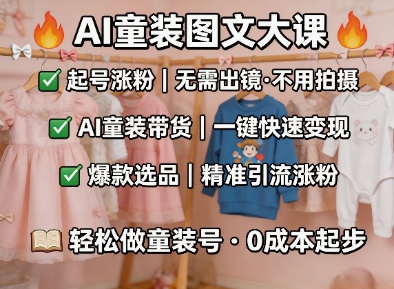 AI童装图文剪辑，某社群童装图文大课，起号涨粉、AI童装带货、爆款选品，无需出镜和拍摄-初遇