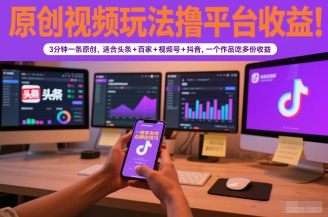 原创视频玩法撸平台收益,3分钟一条原创,适合头条+百家+视频号+抖音,一个作品吃多份收益-初遇