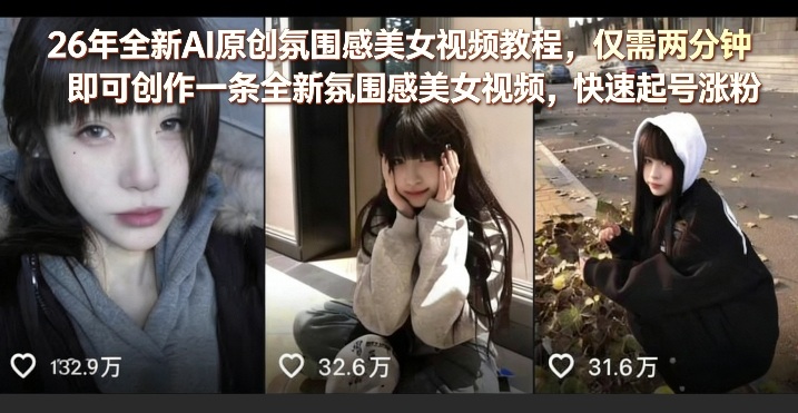 26年全新AI原创氛围感美女视频教程，仅需两分钟即可创作一条全新氛围感美女视频，快速起号涨粉-初遇