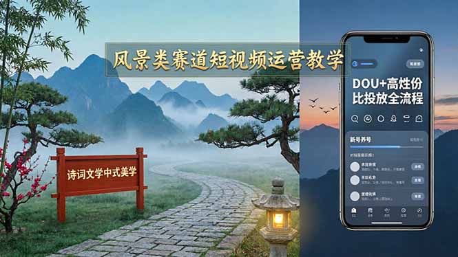 风景类赛道短视频运营教学：诗词文学中式美学，新号养号对标账号定位，DOU+高性价比投放全流程-初遇