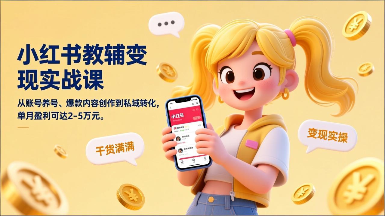 小红书教辅变现实战课，从账号养号、爆款内容创作到私域转化，单月盈利可达2-5万元-初遇