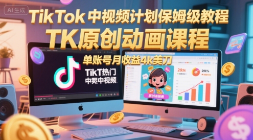 TikTok中视频计划保姆级教程,TK原创动画课程,单账号月收益4k美刀-初遇