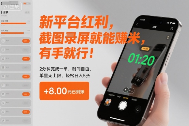 新平台红利，截图录屏就能賺米，有手就行！2分钟完成一单，时间自由，单量无上限，轻松日入5张【揭秘】-初遇