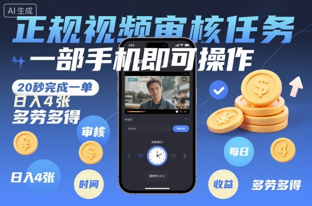 正规视频审核任务,一部手机即可操作,20秒完成一单,日入4张,多劳多得【揭秘】-初遇