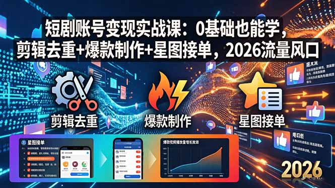 短剧账号变现实战课：0基础也能学，剪辑去重+爆款制作+星图接单，2026流量风口-初遇