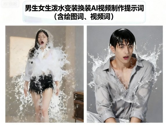 男生女生泼水变装换装AI视频制作提示词(含绘图词、视频词)-初遇