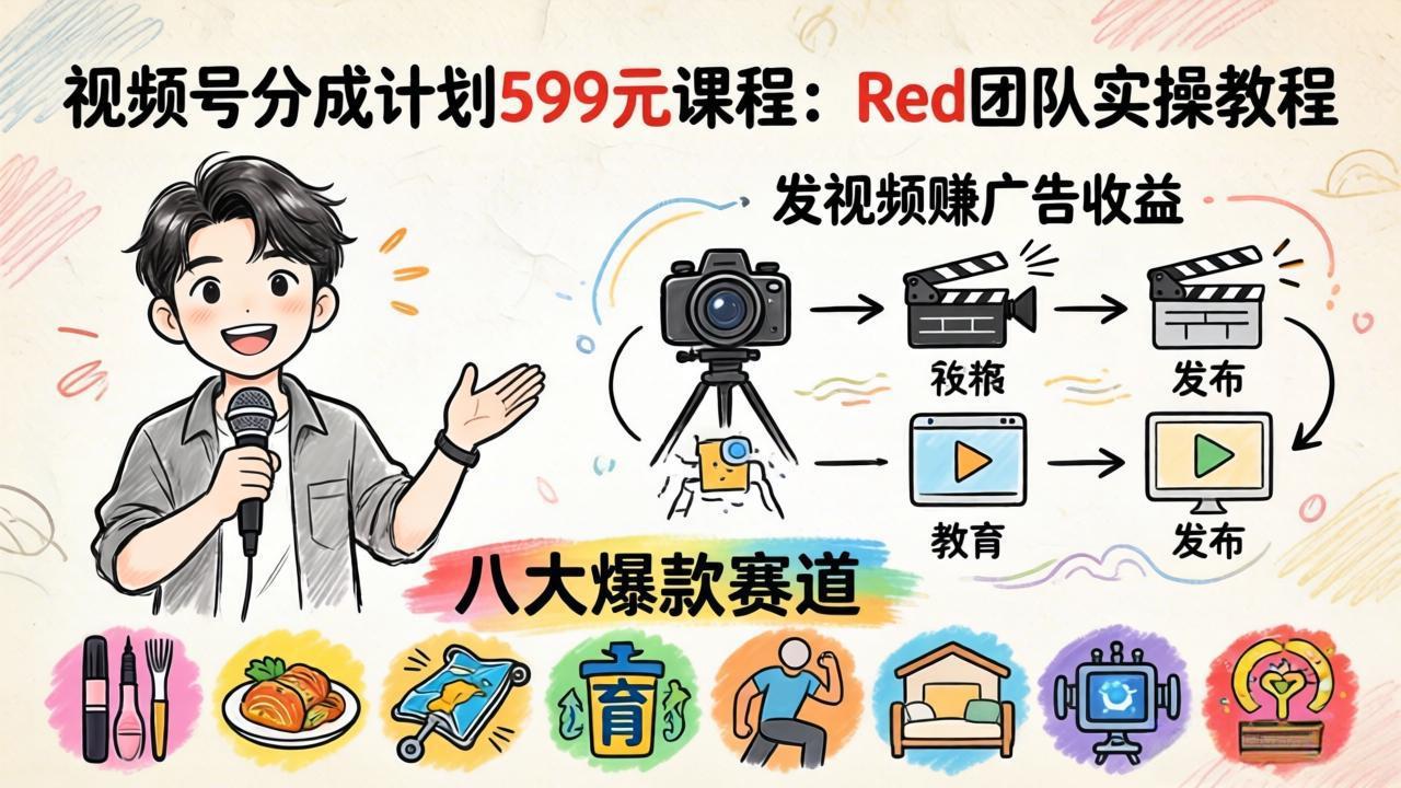 视频号分成计划599元课程：Red团队实操教程，发视频赚广告收益，八大爆款赛道全掌握-初遇