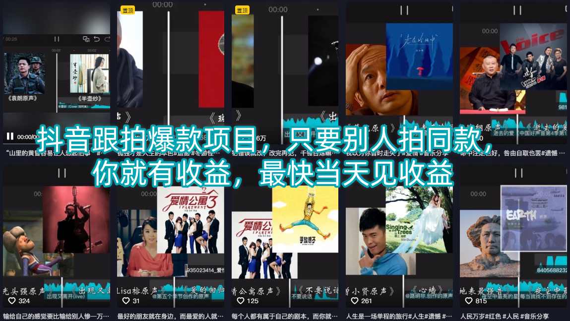 抖音跟拍爆款项目，只要别人拍同款，你就有收益，最快当天见收益-初遇