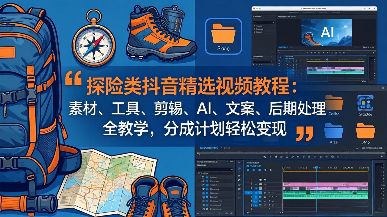 探险类抖音精选视频教程：素材、工具、剪辑、AI、文案、后期处理全教学，分成计划轻松变现-初遇