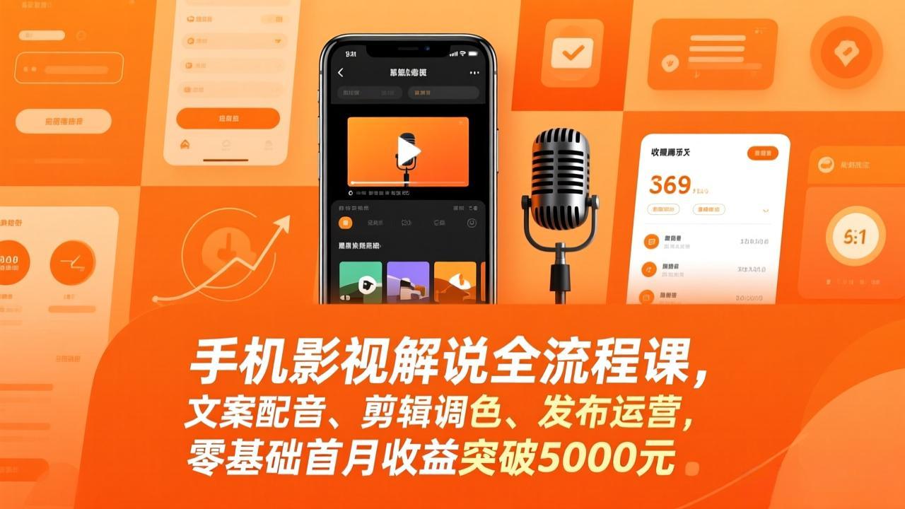 手机影视解说全流程课，文案配音、剪辑调色、发布运营，零基础首月收益突破5000元-初遇