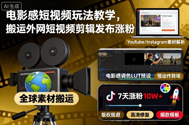 电影感短视频玩法教学，搬运外网短视频剪辑发布涨粉-初遇