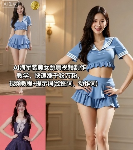 AI海军装美女跳舞视频制作教学，快速涨千粉万粉，视频教程+提示词(绘图词、动作词)-初遇