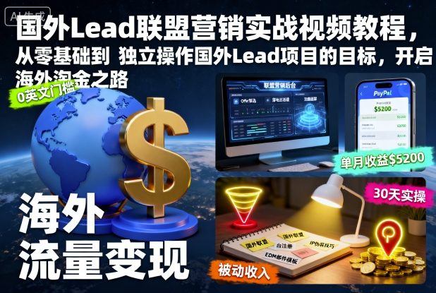 国外Lead联盟营销实战视频教程,从零基础到独立操作国外Lead项目的目标,开启海外淘金之路-初遇