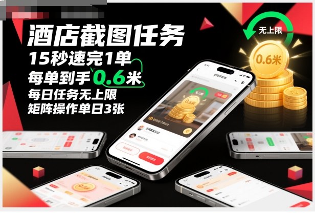 酒店截图任务,15秒速完1单,每单到手0.6米,每日任务无上限,全网首发玩法,矩阵操作单日3张【揭秘】-初遇