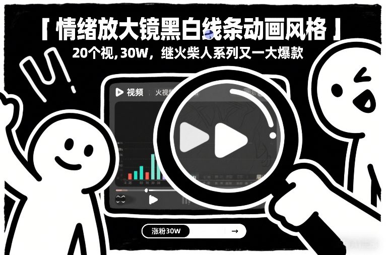 情绪放大镜黑白线条动画风格，20个视频，涨粉30W，继火柴人系列又一大爆款-初遇