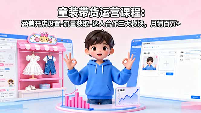 童装带货运营课程：涵盖开店设置-流量获取-达人合作三大模块，月销百万+-初遇
