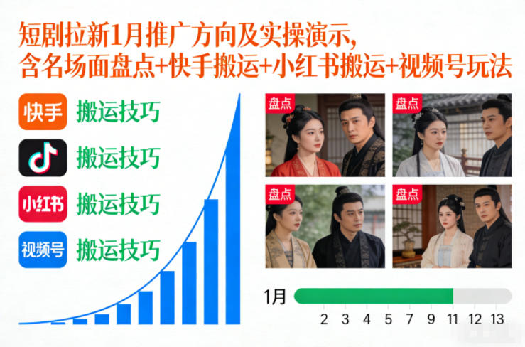 短剧拉新1月推广方向及实操演示，含名场面盘点+快手搬运+小红书搬运+视频号玩法-初遇