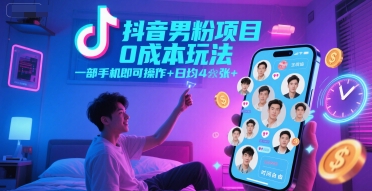 抖音男粉项目0成本玩法，一部手机即可操作，日均4张+，时间自由-初遇