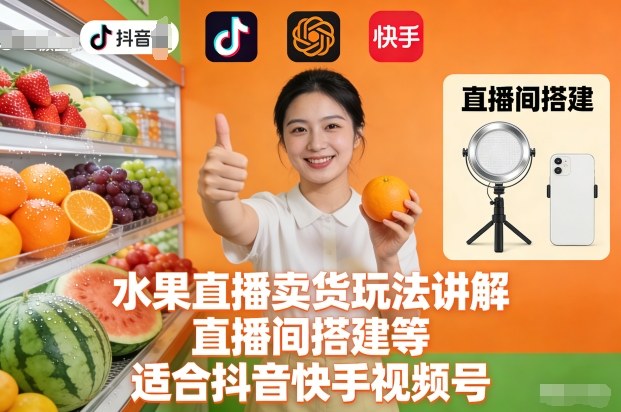 水果直播卖货玩法讲解、直播间搭建等,适合抖音快手视频号-初遇