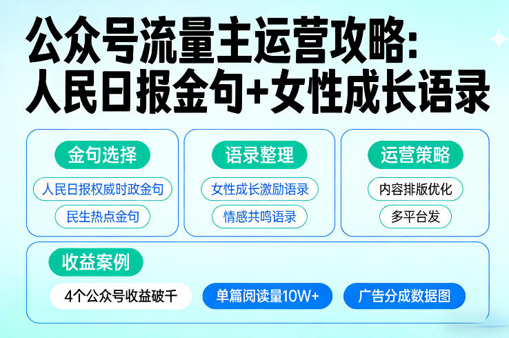 利用人民日报金句+女性成长语录做公众号流量主，4个公众号收益破千-初遇