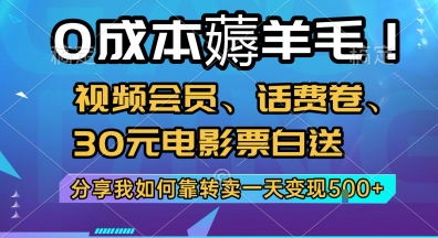 0成本薅羊毛!视频会员、话费卷、30元电影票白送,分享我如何靠转卖一天变现5张+【揭秘】-初遇