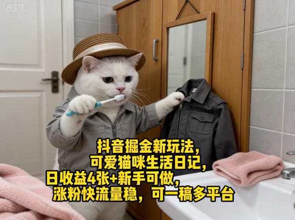 抖音掘金新玩法，可爱猫咪生活日记，日收益4张+新手可做，涨粉快流量稳，可一稿多平台-初遇