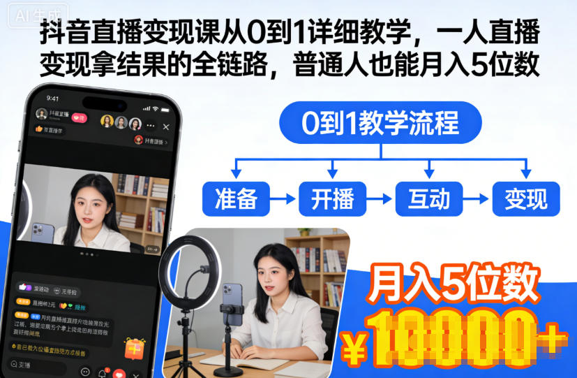 抖音直播变现课从0到1详细教学,一人直播变现拿结果的全链路,普通人也能月入5位数-初遇