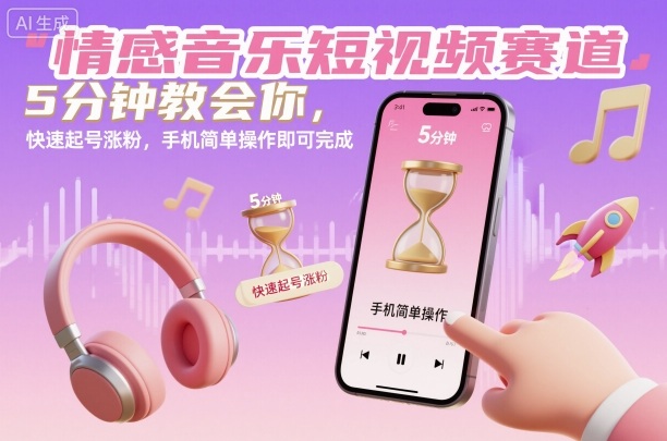 情感音乐短视频赛道,5分钟教会你,快速起号涨粉,手机简单操作即可完成-初遇