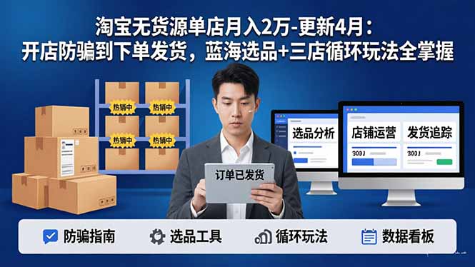 淘宝无货源5.0单店月入2万-更新4月：开店防骗到下单发货，蓝海选品+三店循环玩法全掌握-初遇