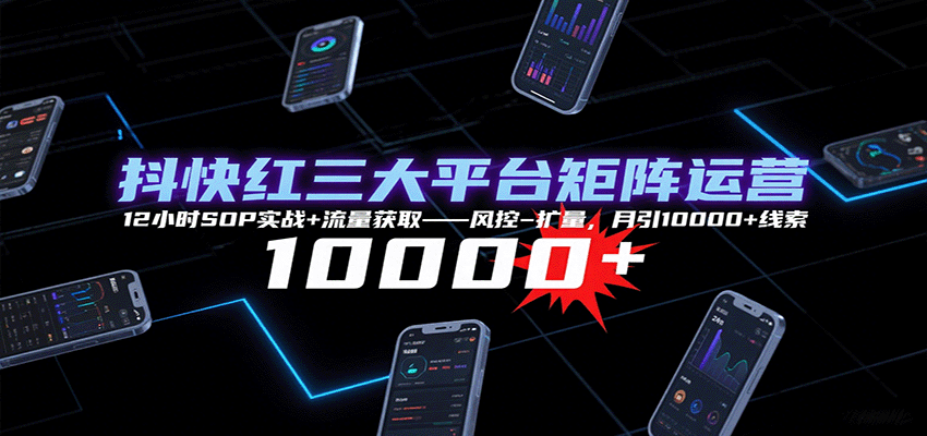 抖快红三大平台矩阵运营,12小时SOP实战+流量获取-风控-扩量,月引10000+线索-初遇