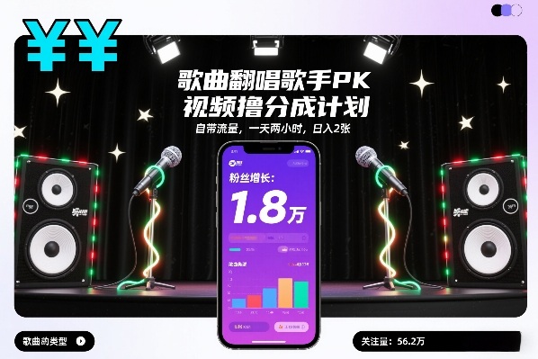 歌曲翻唱歌手PK视频撸分成计划，自带流量，一天两小时，日入2张-初遇