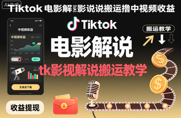 Tiktok电影解说搬运撸中视频收益，tk影视解说搬运教学-初遇
