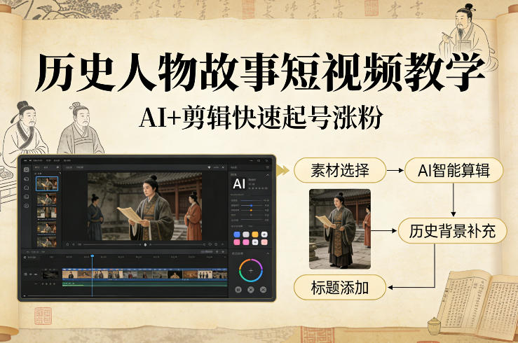 历史人物故事短视频教学，AI+剪辑制作历史人物题材短视频，快速起号涨粉-初遇