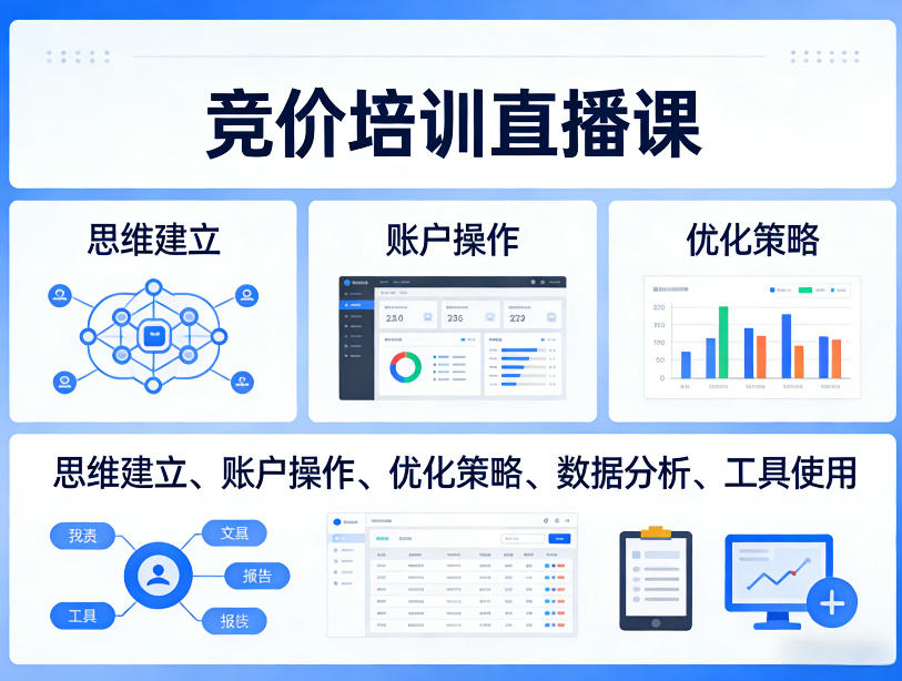 竞价培训直播课，覆盖思维建立、账户操作、优化策略、数据分析、工具使用等，全方位提升效果-初遇