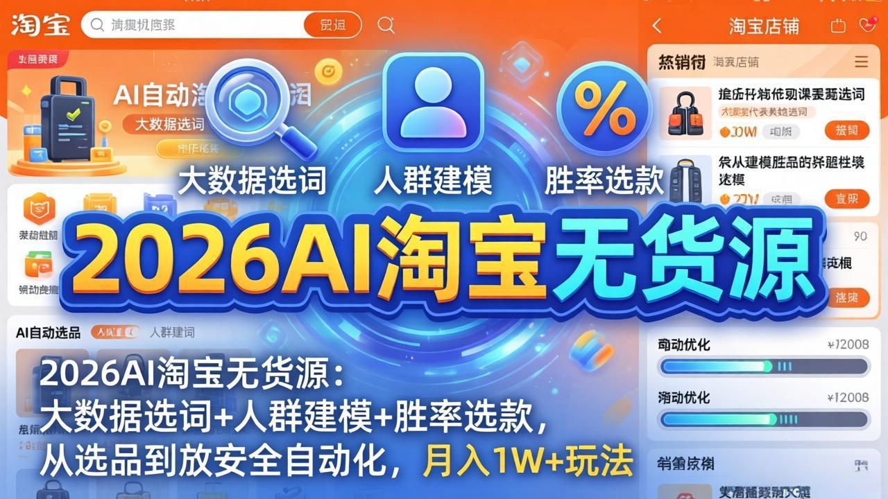 2026AI淘宝无货源：大数据选词+人群建模+胜率选款，从选品到放大全自动化，月入1W+玩法-初遇