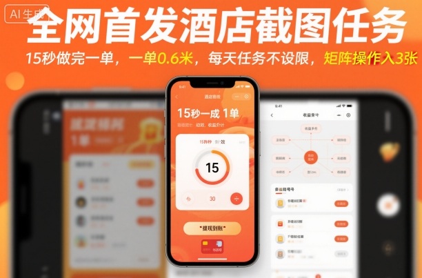 全网首发酒店截图任务，15秒做完一单，一单0.6米，每天任务不设限，矩阵操作日入3张【揭秘】-初遇