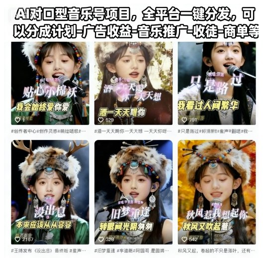 AI对口型音乐号项目，全平台一键分发，可以分成计划-广告收益-音乐推广-收徒-商单等-初遇