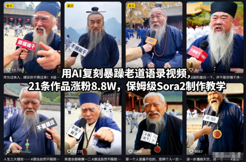 用AI复刻暴躁老道语录视频,21条作品涨粉8.8W,保姆级Sora2制作教学-初遇
