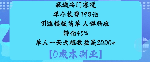 私域冷门赛道:单个收费198米引流模板简单人群精准转化45%单人一天大概收益是1k+-初遇