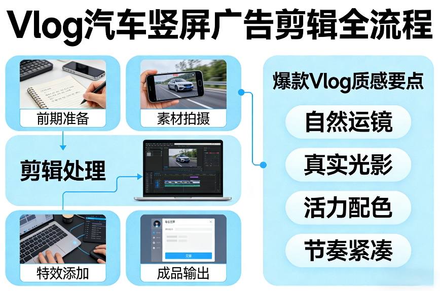 Vlog感觉汽车竖屏广告剪辑脚本全流程，拿捏爆款Vlog质感-初遇