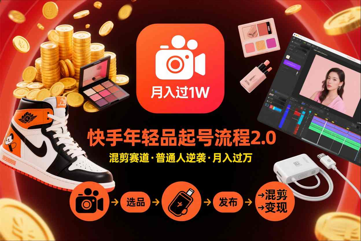 快手短视频带货年轻品起号流程2.0，快手年轻品混剪赛道，普通人也能月入过1W-初遇