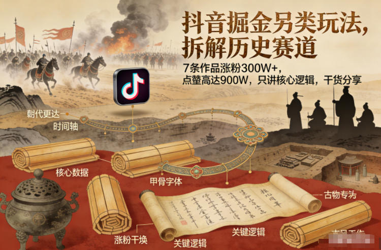 抖音掘金另类玩法，拆解历史赛道，7条作品涨粉300W+，点赞量高达900W，只讲核心逻辑，干货分享-初遇
