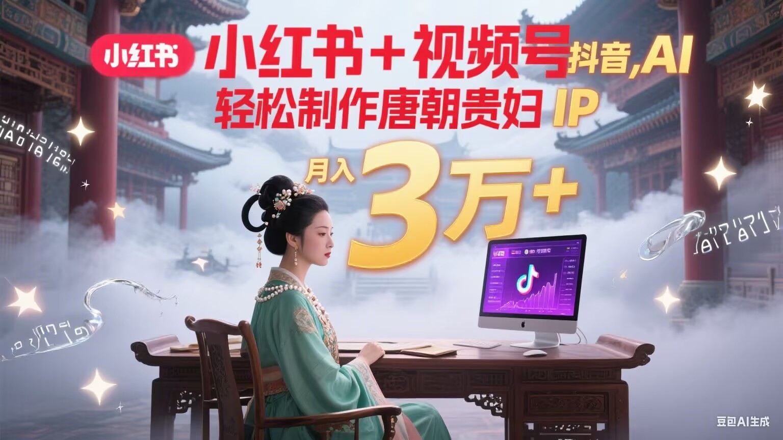 小红书+视频号+抖音,AI轻松制作唐朝贵妇IP,毒鸡汤、励志、减肥瘦身、养生赛道轻松切入,每天30分钟,轻松产出N条,月入3万+-初遇