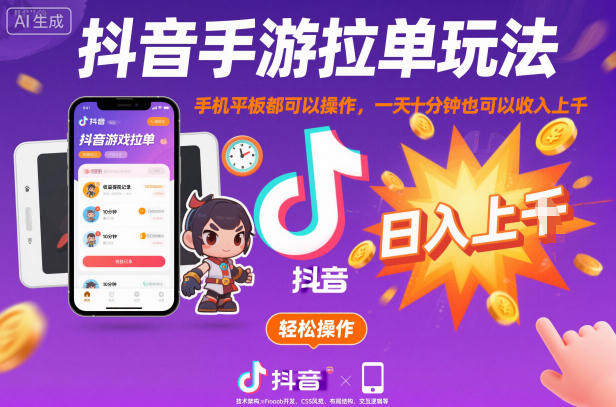 抖音手游拉单玩法，手机平板都可以操作，一天十分钟也可以收入上K【揭秘】-初遇