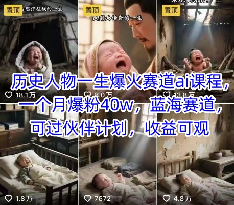 历史人物一生爆火赛道ai课程，一个月爆粉40w，蓝海赛道，可过伙伴计划，收益可观-初遇