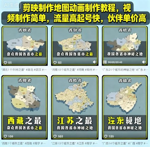 剪映制作地图动画制作教程,视频制作简单,流量高起号快,伙伴单价高-初遇