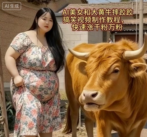 AI美女和大黄牛摔跤搞笑荒诞视频制作教程，快速涨千粉万粉-初遇