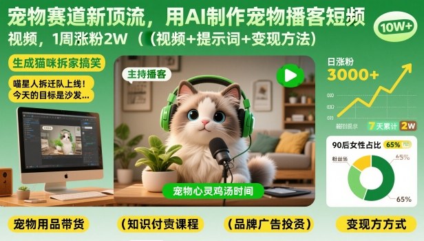 宠物赛道新顶流，用AI制作宠物播客短视频，1周涨粉2W(视频+提示词+变现方法)-初遇