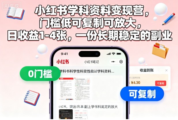 小红书学科资料变现营,门槛低可复制可放大,日收益1-4张,一份长期稳定的副业-初遇